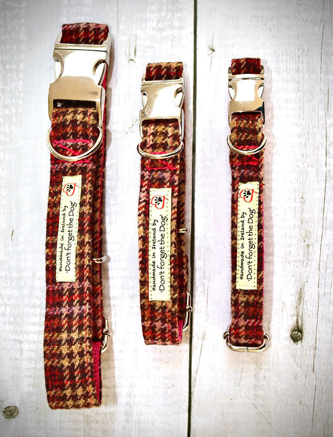 Tweed Dog Collar Metal Buckle - #color_pink-amber-plaid