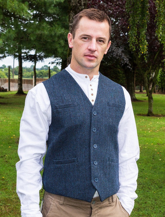 Tweed Herringbone Waistcoat - Navy #color_navy