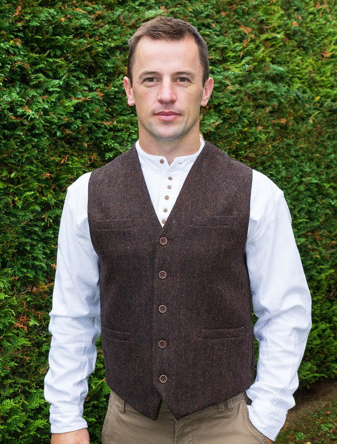 Tweed Herringbone Waistcoat - Brown #color_olive