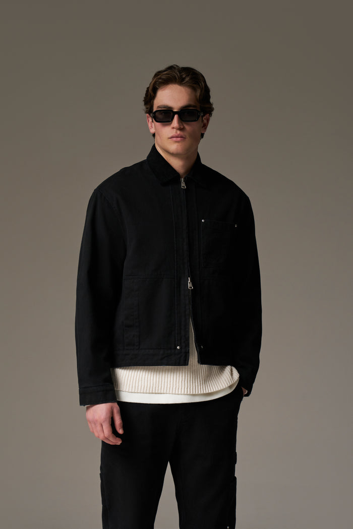 TWILL CONTRAST COLLAR JACKET - WASHED BLACK