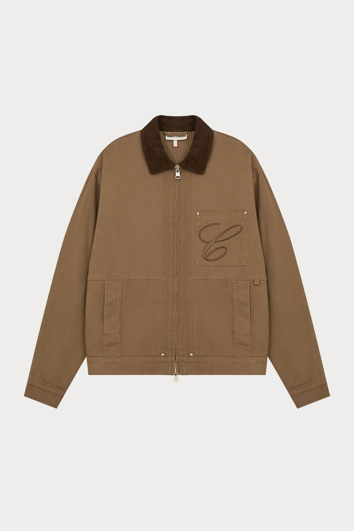 TWILL CONTRAST COLLAR JACKET - WASHED BROWN