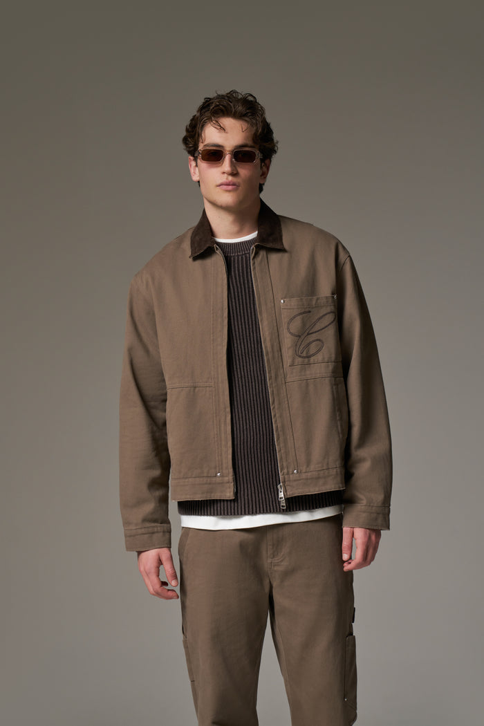 TWILL CONTRAST COLLAR JACKET - WASHED BROWN