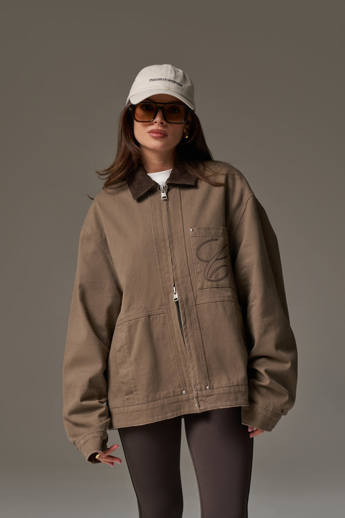 TWILL CONTRAST COLLAR JACKET - WASHED BROWN