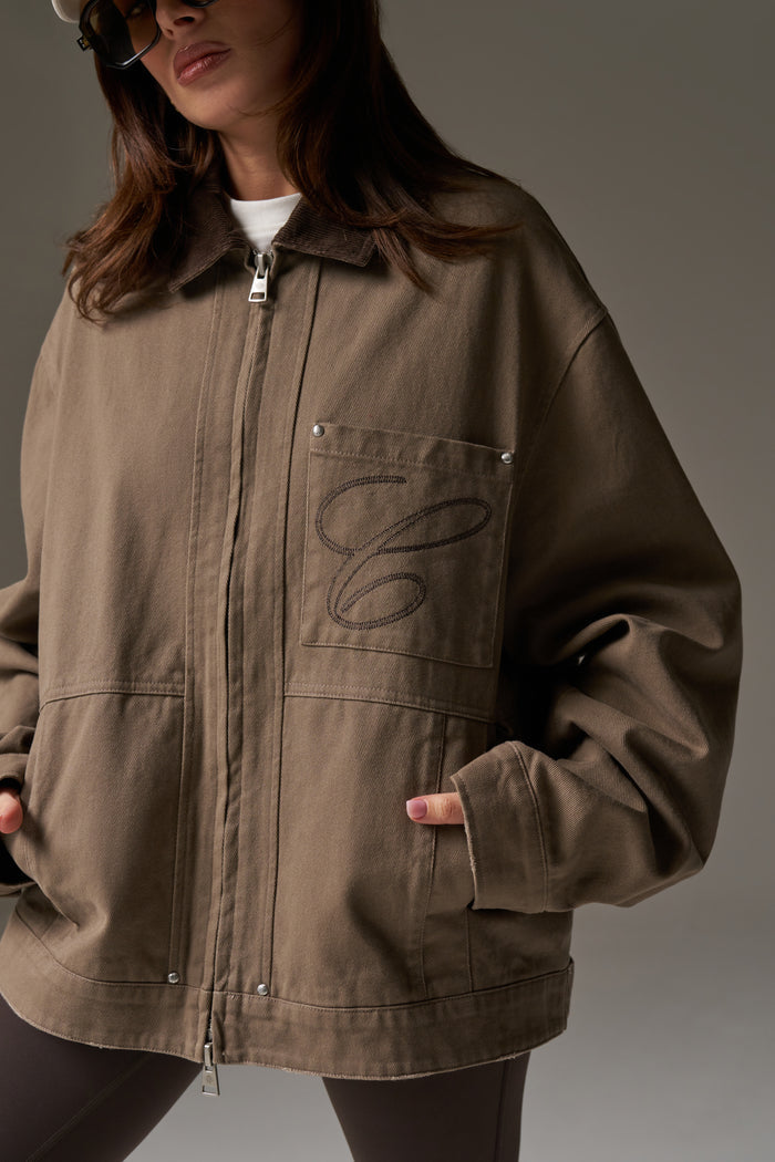 TWILL CONTRAST COLLAR JACKET - WASHED BROWN