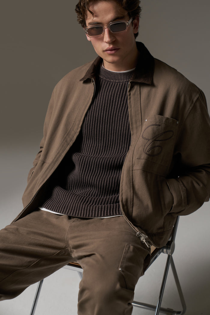 TWILL CONTRAST COLLAR JACKET - WASHED BROWN