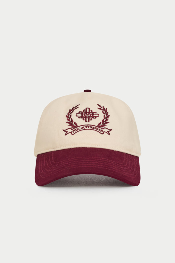 TWO TONE EMBROIDERY CREST CAP - BURGUNDY
