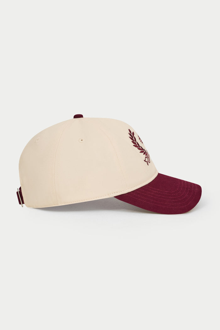 TWO TONE EMBROIDERY CREST CAP - BURGUNDY