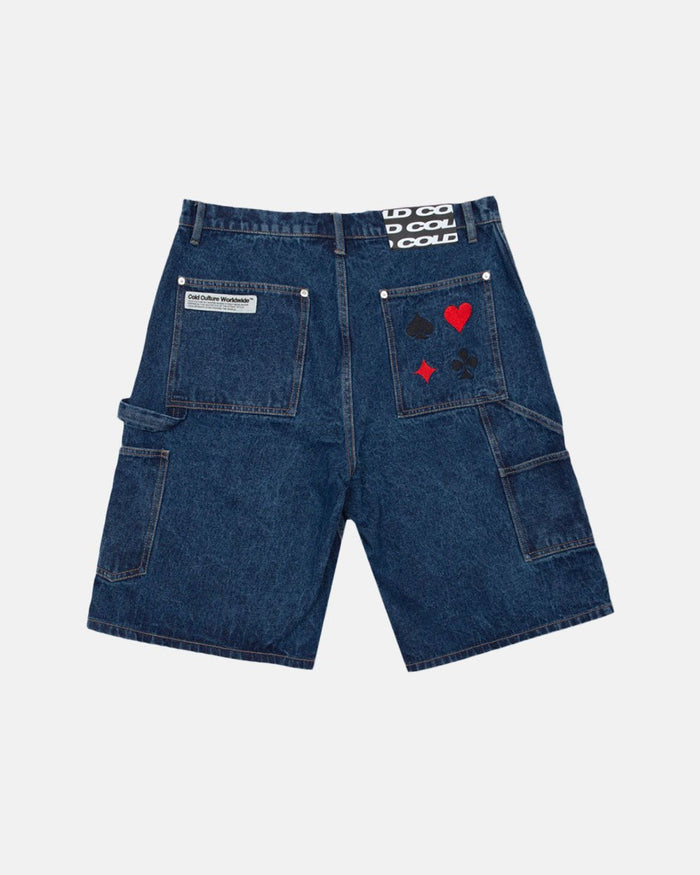 V1 CARPENTER SHORTS DARK DENIM - dark blue denim carpenter shorts, back view - Cold Culture