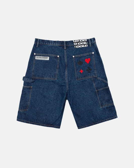 V1 CARPENTER SHORTS DARK DENIM - dark blue denim carpenter shorts, back view - Cold Culture