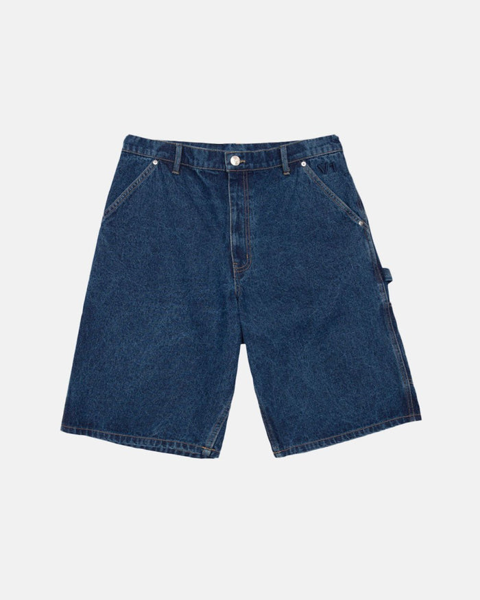 V1 CARPENTER SHORTS DARK DENIM - dark blue denim carpenter shorts, front view - Cold Culture