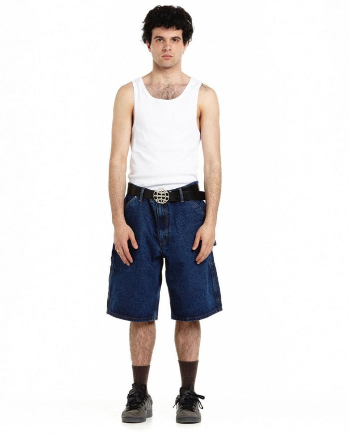 V1 CARPENTER SHORTS DARK DENIM - dark blue denim carpenter shorts, front view on male model - Cold Culture #man