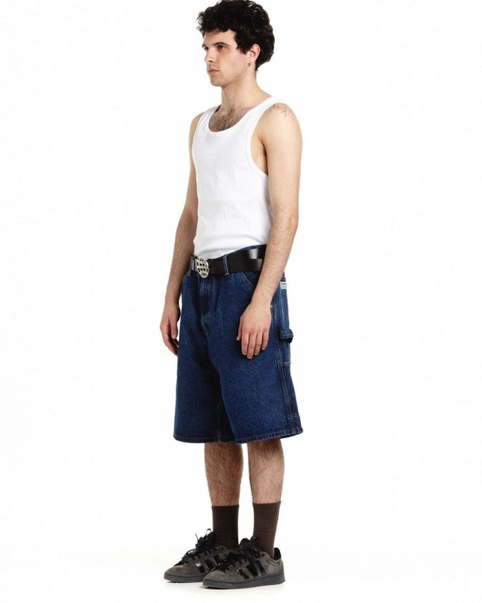 V1 CARPENTER SHORTS DARK DENIM - dark blue denim carpenter shorts, side view - Cold Culture #man