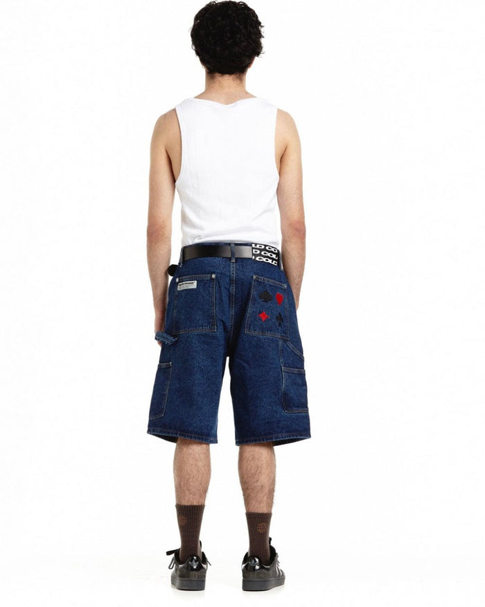 V1 CARPENTER SHORTS DARK DENIM - dark blue denim carpenter shorts, back view on male model - Cold Culture #man