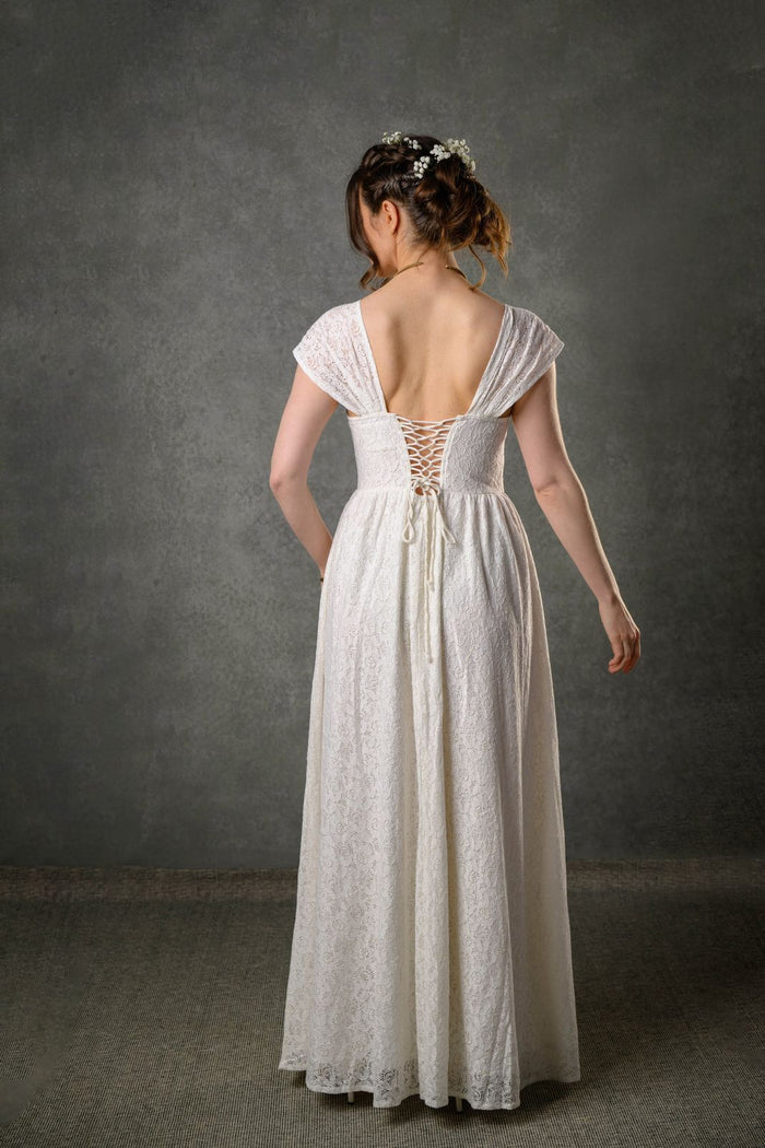 Wild Rose floral cotton lace gown with lace-up back, low back detail and flowing ivory bridal skirt