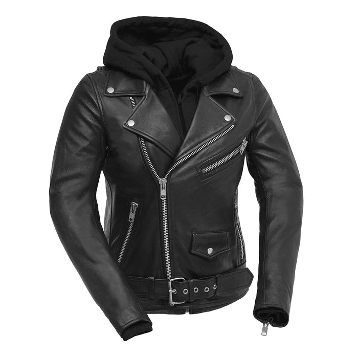 Women's Ryman black leather motorcycle jacket front view with removable hoodie