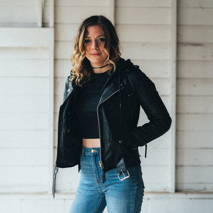 Women's Ryman hooded black leather motorcycle jacket worn by a model