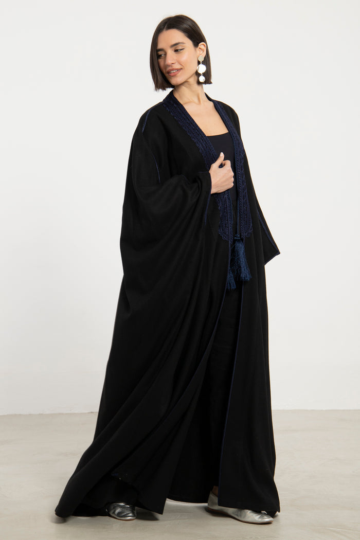 Wool Black & Navy Embroidered Abaya