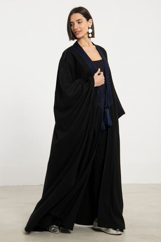 Wool Black & Navy Embroidered Abaya