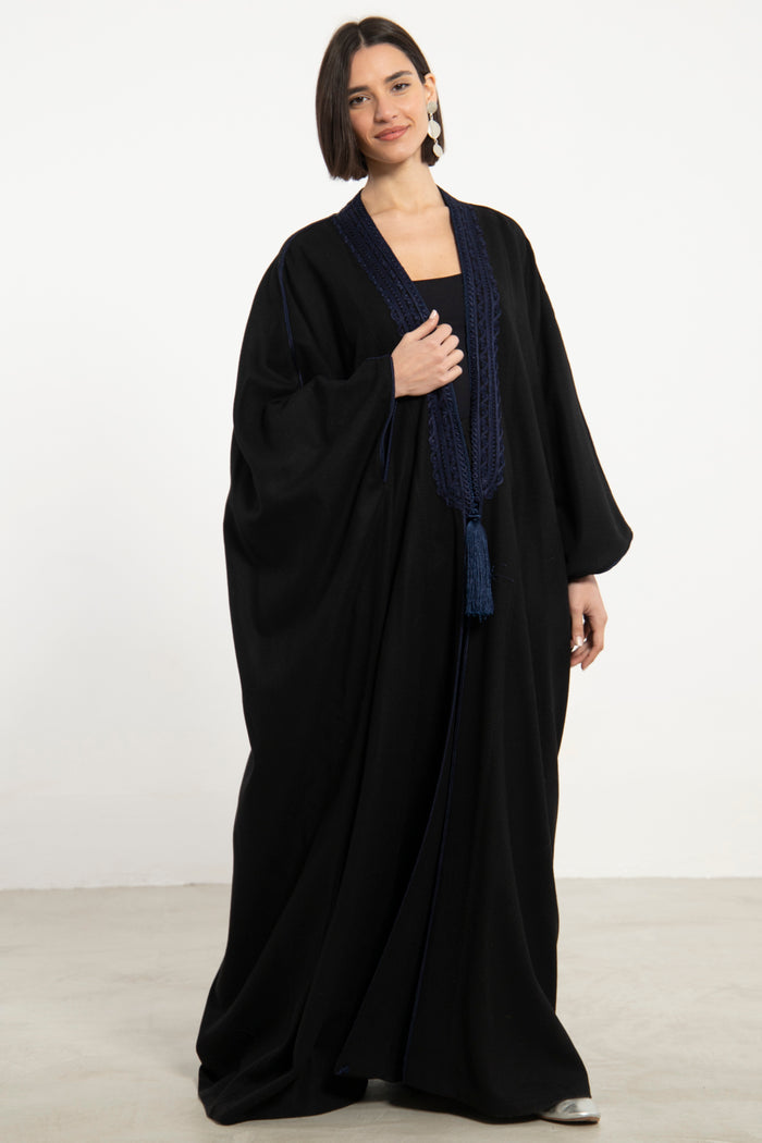 Wool Black & Navy Embroidered Abaya