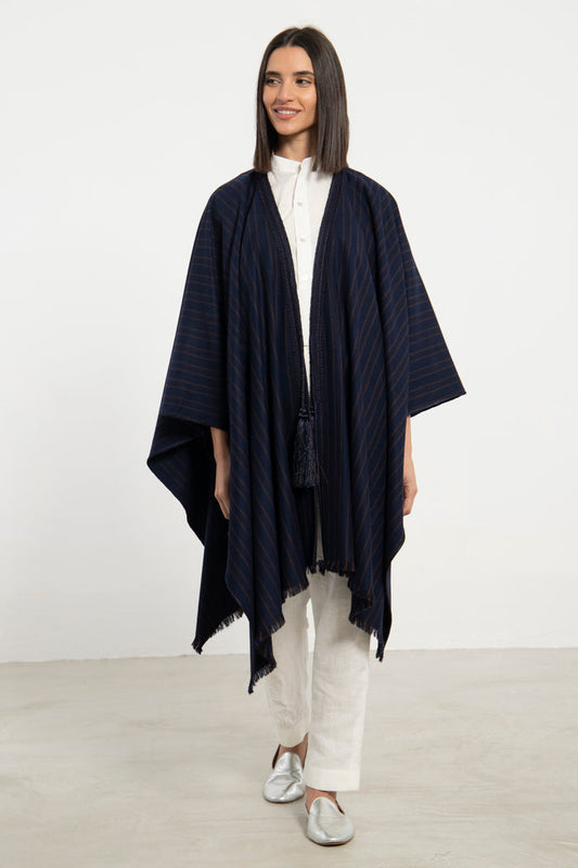 Wool & Cashmere Navy & Brown Striped Poncho