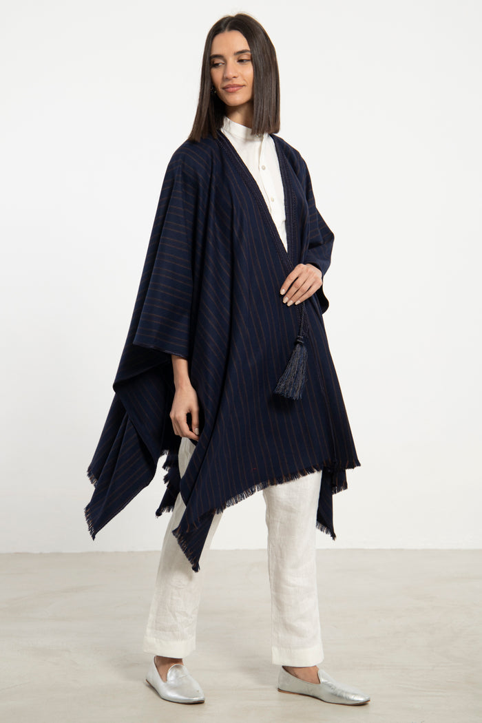Wool & Cashmere Navy & Brown Striped Poncho