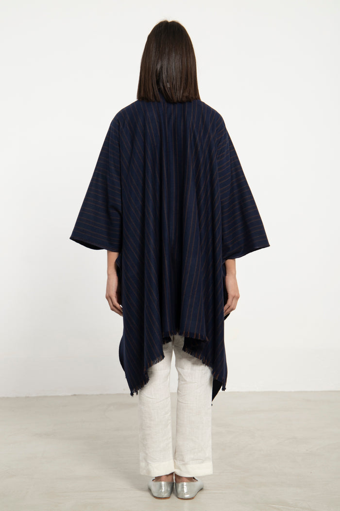 Wool & Cashmere Navy & Brown Striped Poncho