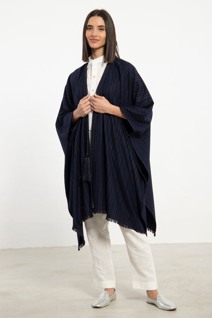 Wool & Cashmere Navy & Brown Striped Poncho