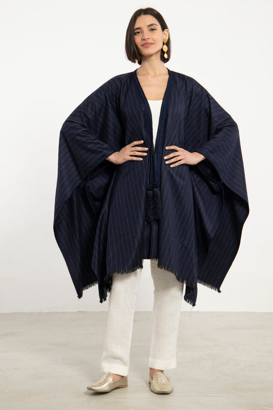 Wool & Cashmere Navy Striped Poncho