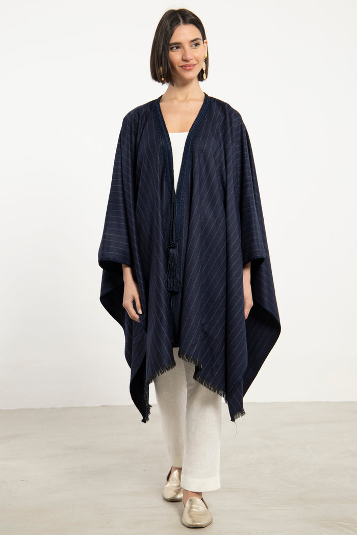 Wool & Cashmere Navy Striped Poncho