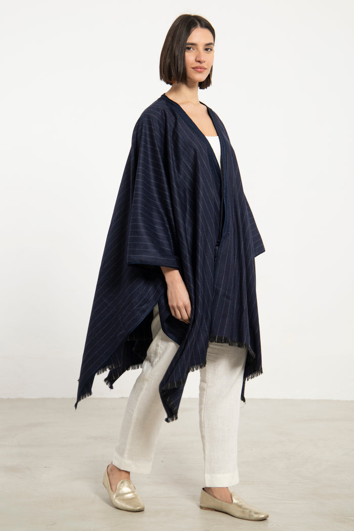 Wool & Cashmere Navy Striped Poncho