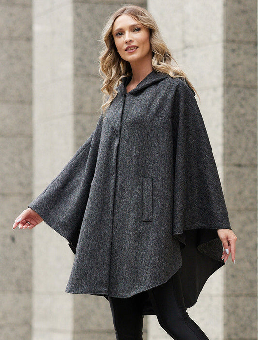 Wool Tweed Hooded Cape - Dark Grey #color_dark-grey