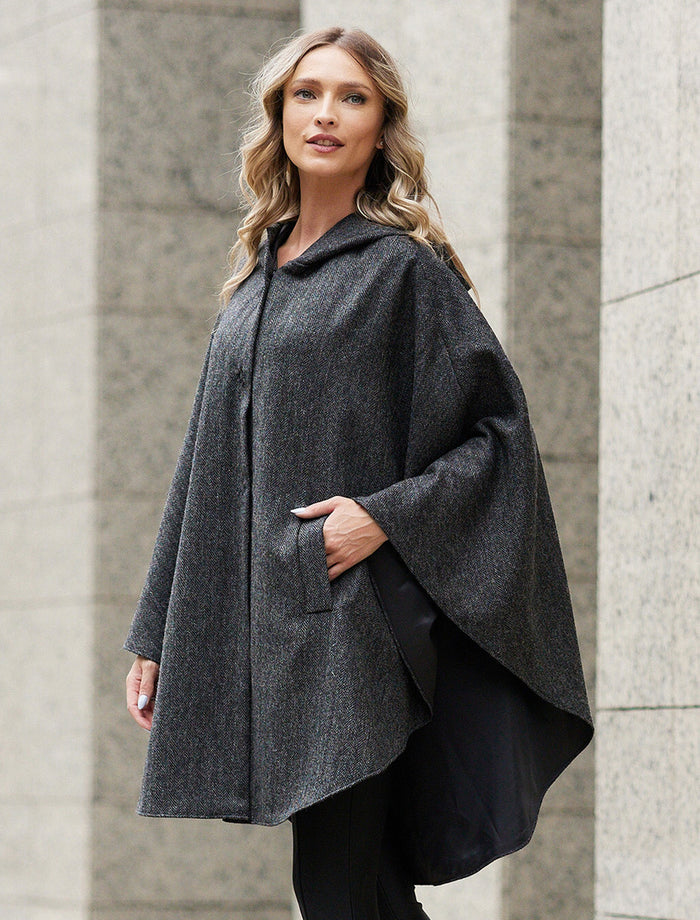 Wool Tweed Hooded Cape - Dark Grey #color_dark-grey