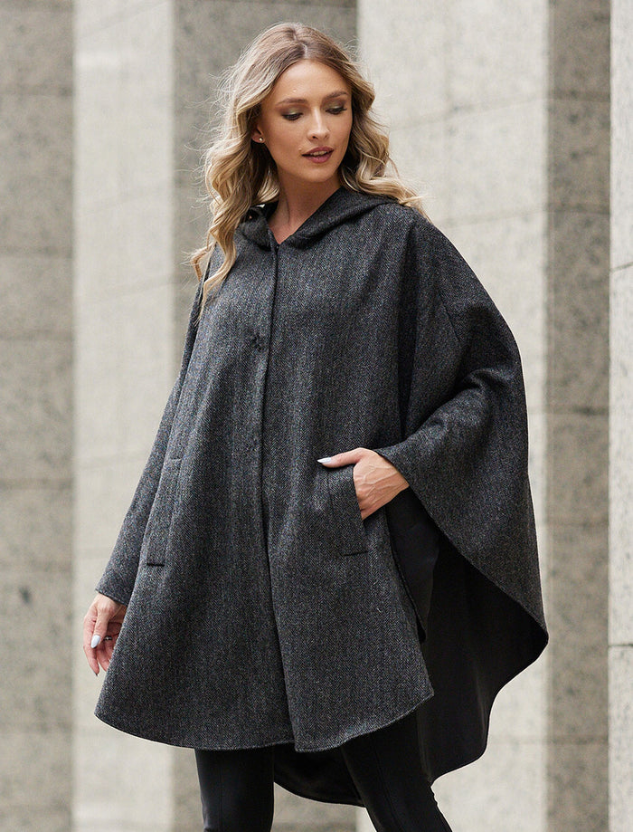 Wool Tweed Hooded Cape - Dark Grey #color_dark-grey