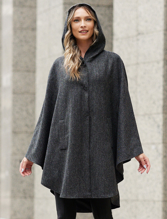 Wool Tweed Hooded Cape - Dark Grey #color_dark-grey