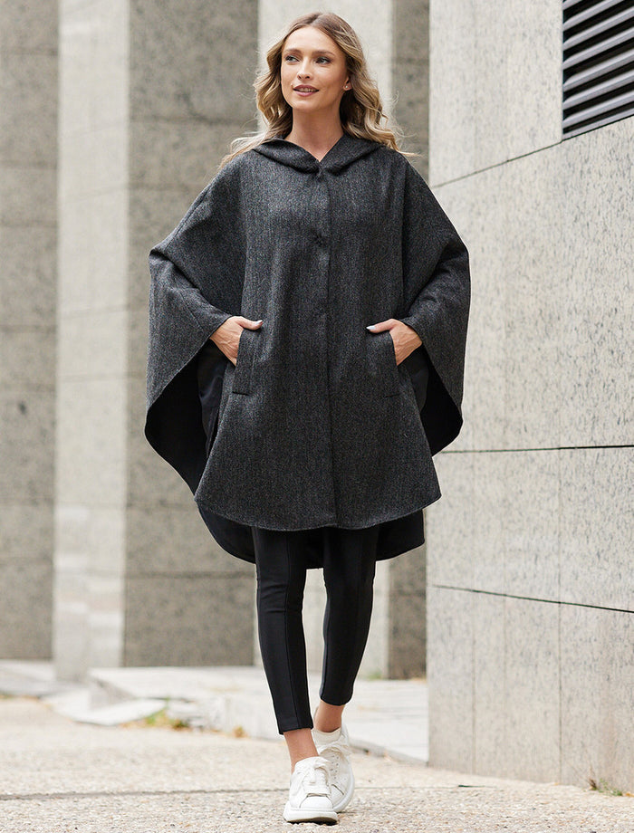 Wool Tweed Hooded Cape - Dark Grey #color_dark-grey