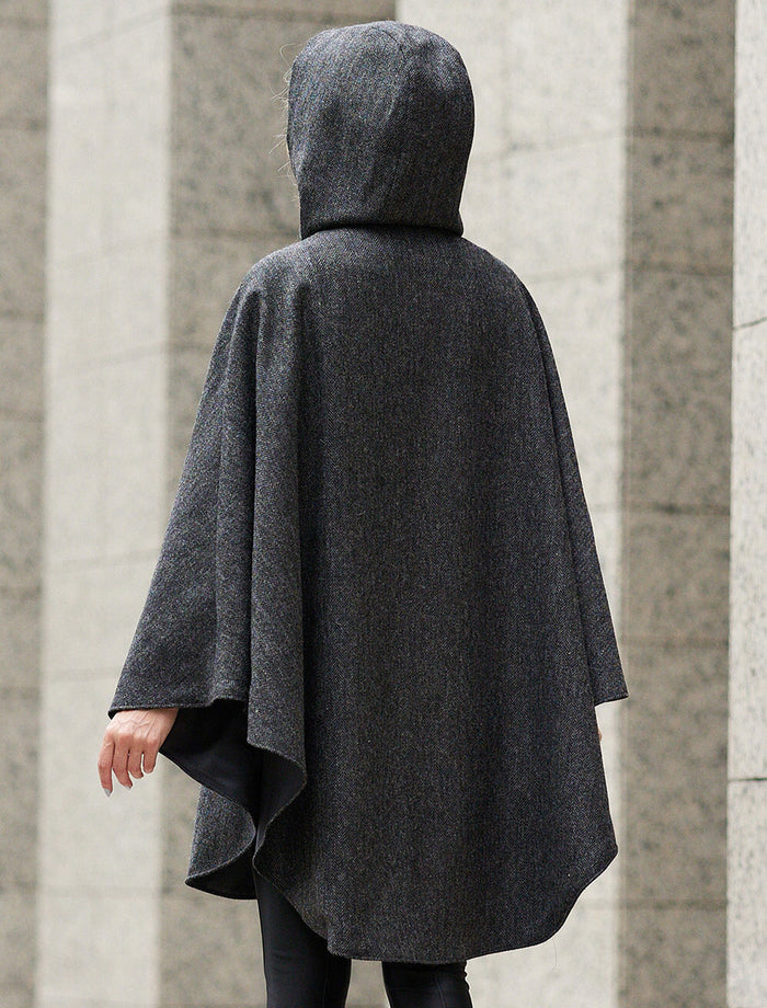 Wool Tweed Hooded Cape - Dark Grey #color_dark-grey