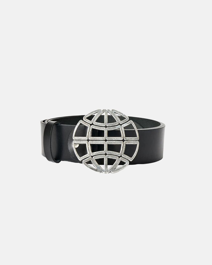 WORLD LEATHER BELT BLACK - black leather belt, front view - Cold Culture