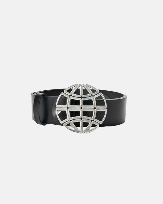 WORLD LEATHER BELT BLACK - black leather belt, front view - Cold Culture