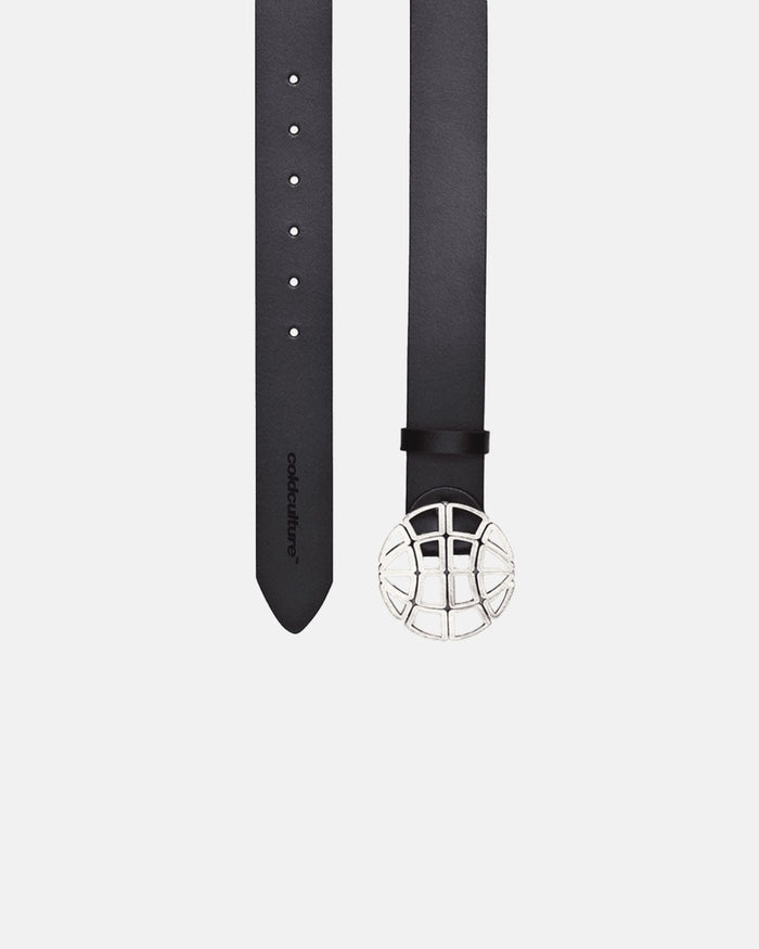 WORLD LEATHER BELT BLACK - black leather belt, flat lay - Cold Culture