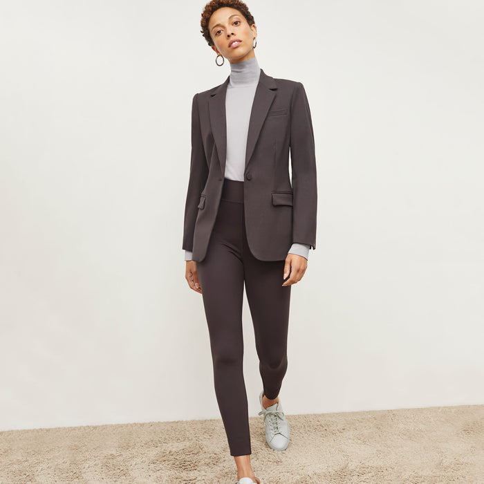 Front image of a woman standing wearing the Yiyan Blazer in Haze